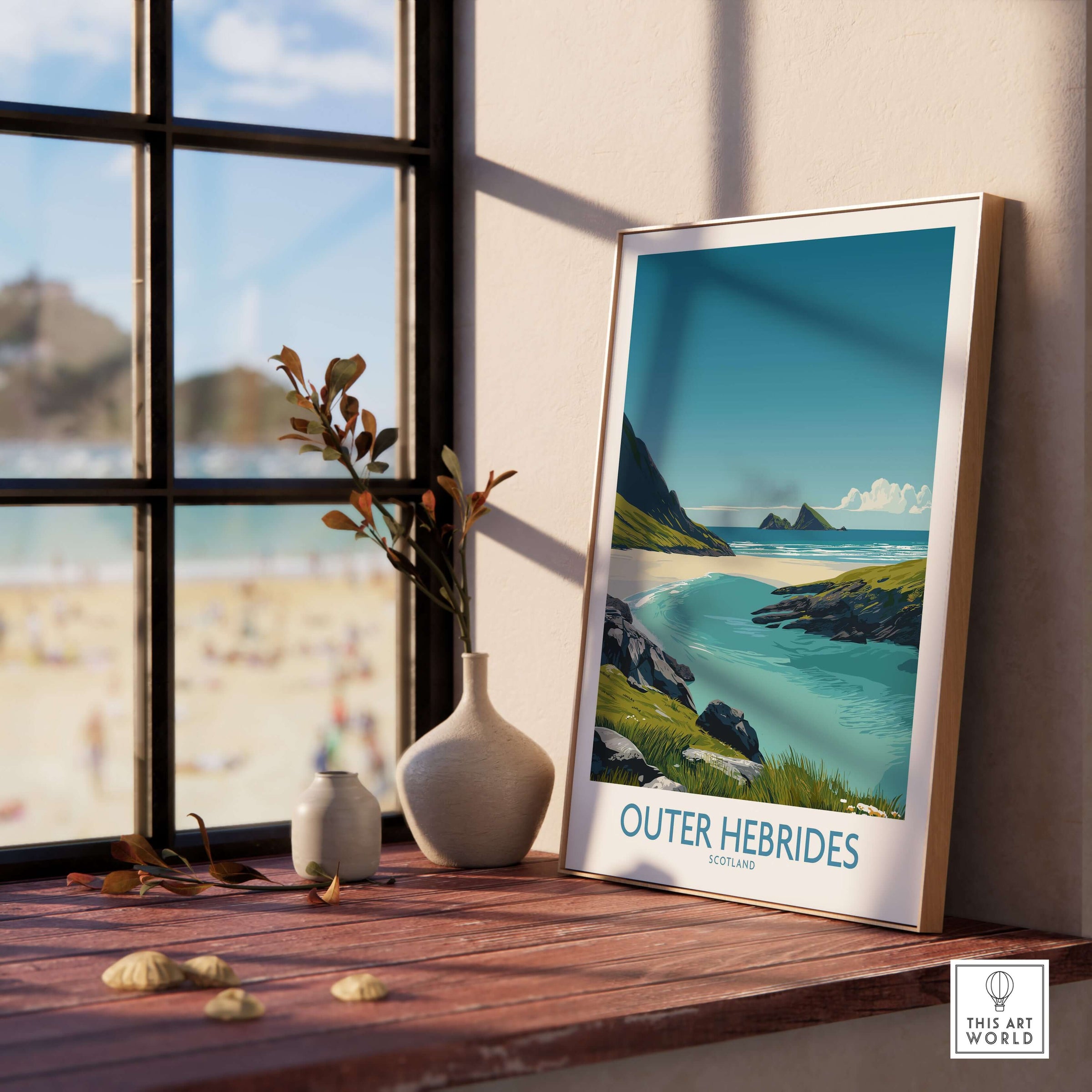 Outer Hebrides Beach Poster - Scotland Travel Print - Turquoise Water Wall Decor in a sunlit room.