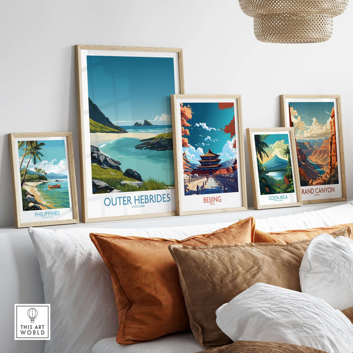 Colorful travel posters including Outer Hebrides, Philippines, and Beijing displayed on a wall with cozy decor.