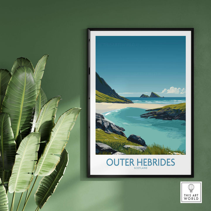 Outer Hebrides beach poster featuring turquoise waters and scenic coastline, ideal for Scotland travel decor.