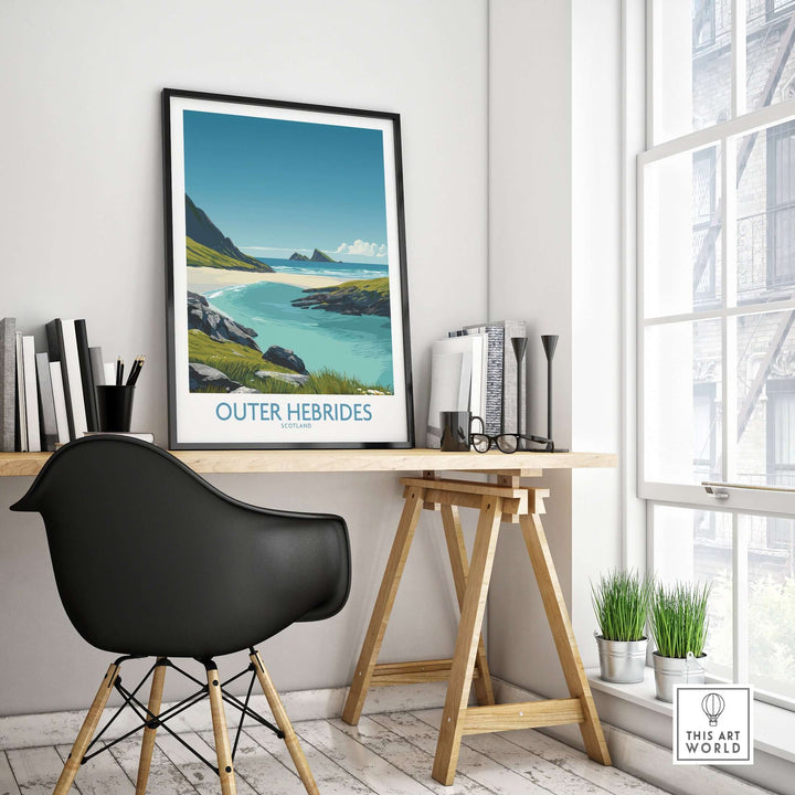 Outer Hebrides beach poster showcasing turquoise waters and coastal scenery in a modern home office decor.