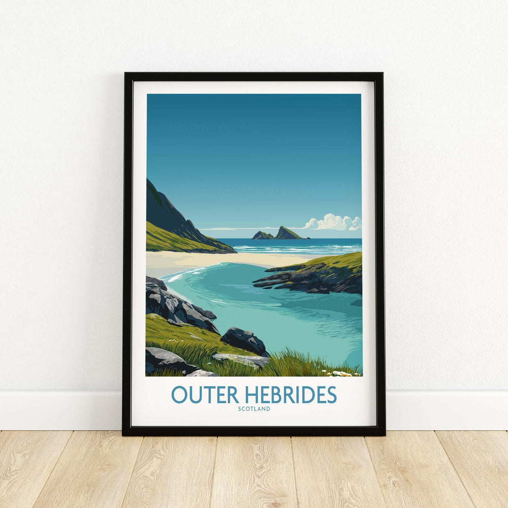 Outer Hebrides beach poster showcasing turquoise waters and scenic coastline, framed wall decor for travel enthusiasts.
