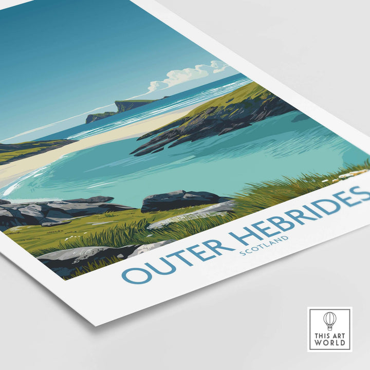 Outer Hebrides beach poster showcasing turquoise waters and scenic landscape of Scotland.