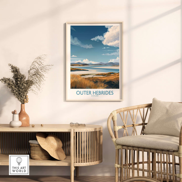 Outer Hebrides landscape poster displayed in a cozy interior, showcasing coastal beauty and Highland scenery.