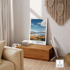 Outer Hebrides Landscape Poster - Scotland Coastal Print - Scottish Highlands Wall Art displayed in a cozy living room.