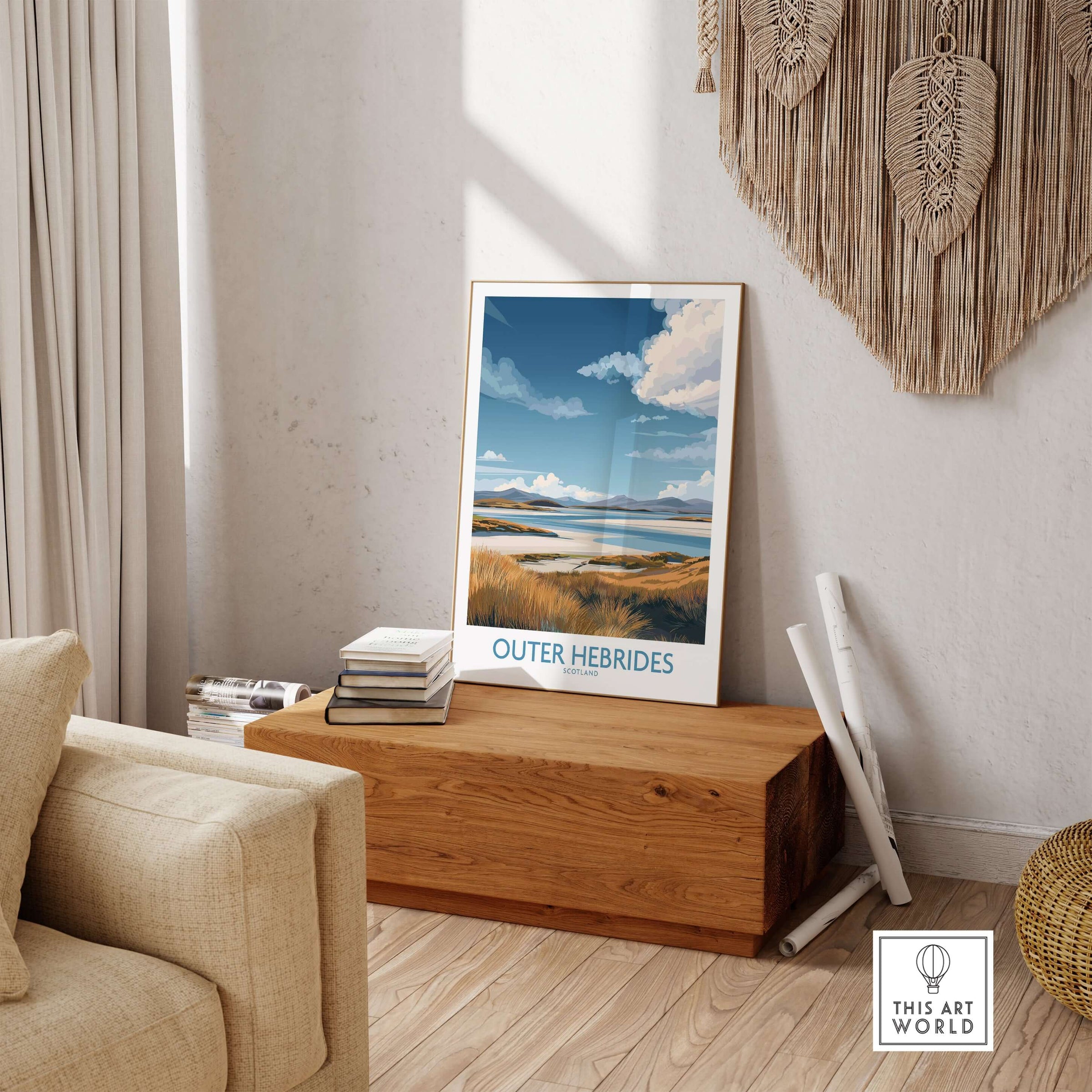 Outer Hebrides Landscape Poster - Scotland Coastal Print - Scottish Highlands Wall Art displayed in a cozy living room.