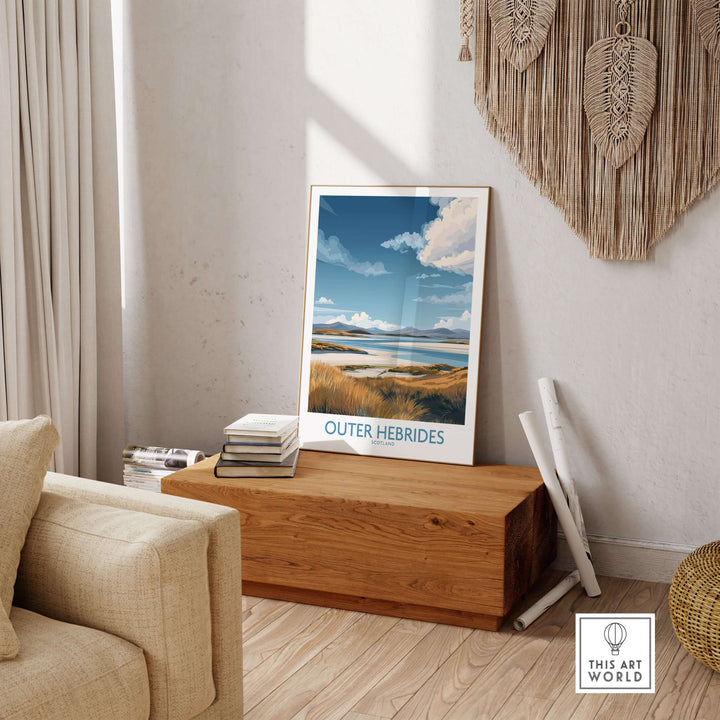 Outer Hebrides landscape poster displayed in a cozy interior, showcasing Scotland's stunning coastal scenery.