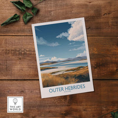 Outer Hebrides Landscape Poster - Scotland Coastal Print - Scottish Highlands Wall Art on wooden background.