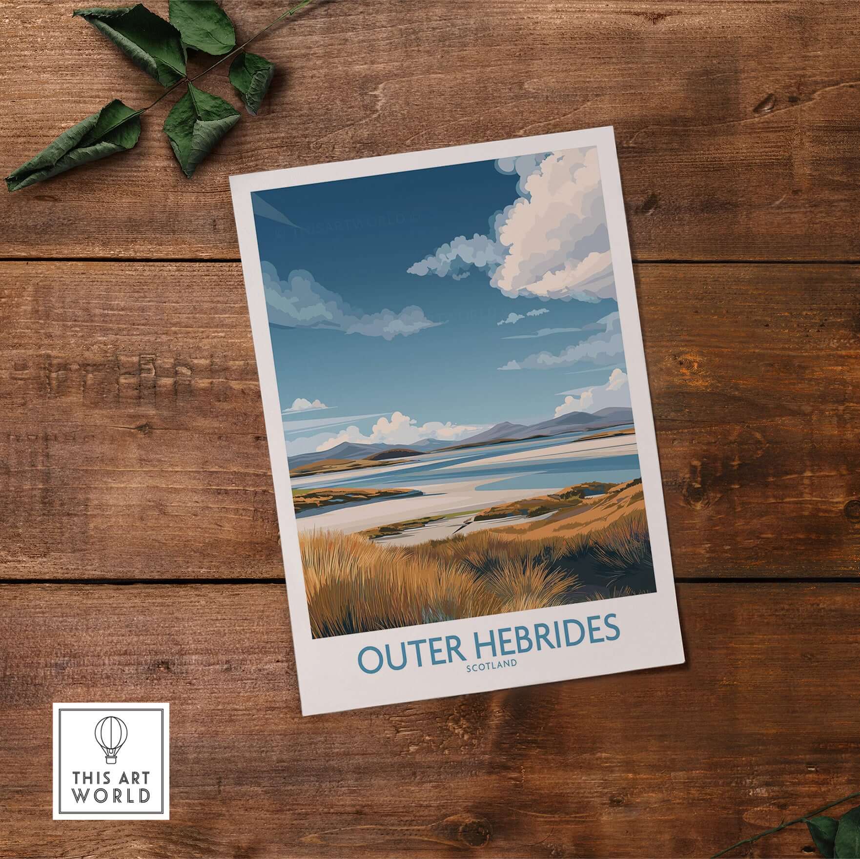 Outer Hebrides Landscape Poster - Scotland Coastal Print - Scottish Highlands Wall Art on wooden background.