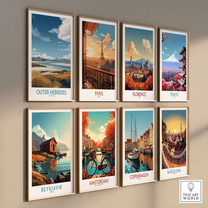 Gallery of city and landscape posters including Outer Hebrides, Paris, Florence, Tokyo, Reykjavik, Amsterdam, Copenhagen, Barcelona.