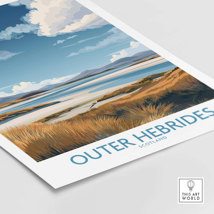 Outer Hebrides landscape poster showcasing scenic coastal view of Scotland's Highlands with golden grass and serene water.