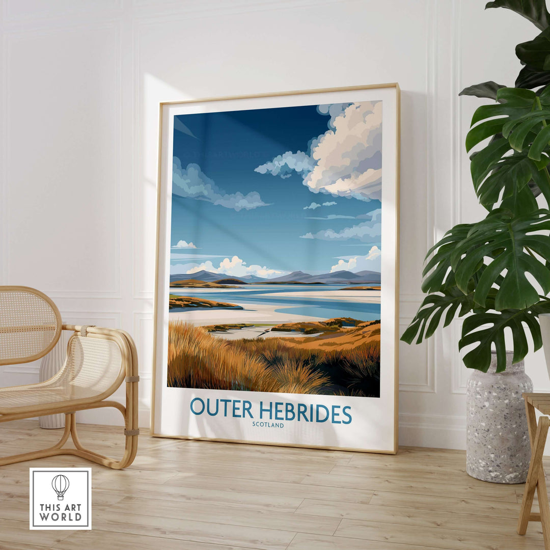 Outer Hebrides landscape poster in a modern setting, showcasing Scotland's coastal beauty and Highlands scenery.