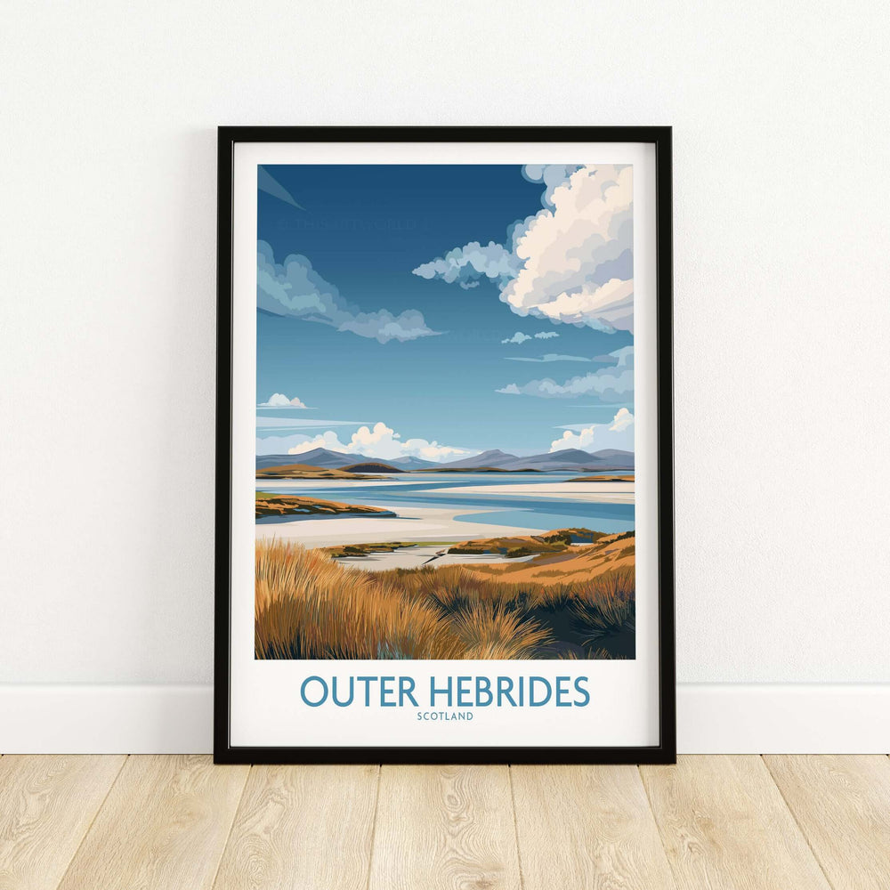 Outer Hebrides landscape poster showcasing coastal views and sky, framed wall art for home decor.