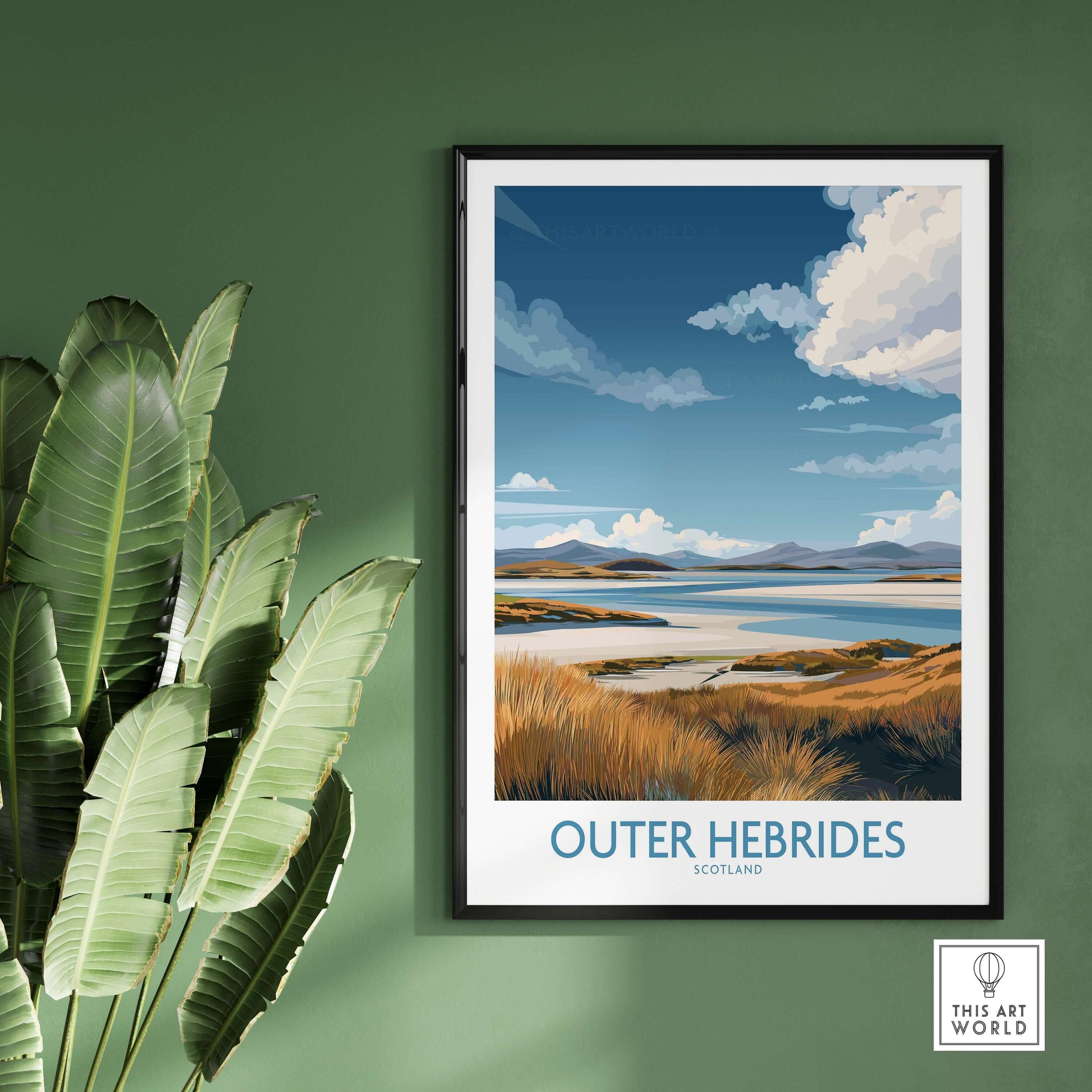 Outer Hebrides Landscape Poster - Scotland Coastal Print - Scottish Highlands Wall Art displayed on a green wall.