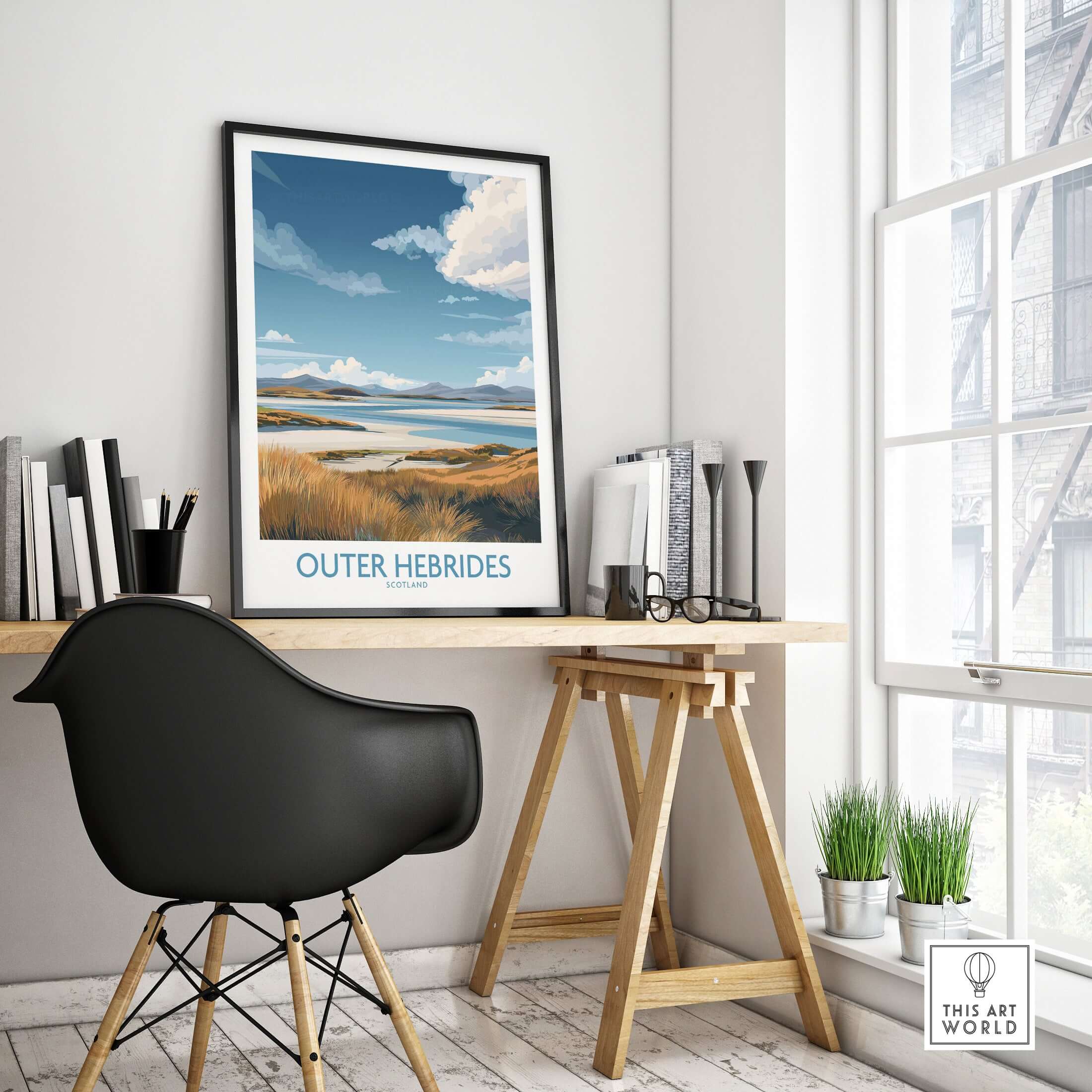 Outer Hebrides Landscape Poster - Scotland Coastal Print - Scottish Highlands Wall Art displayed in a modern workspace.