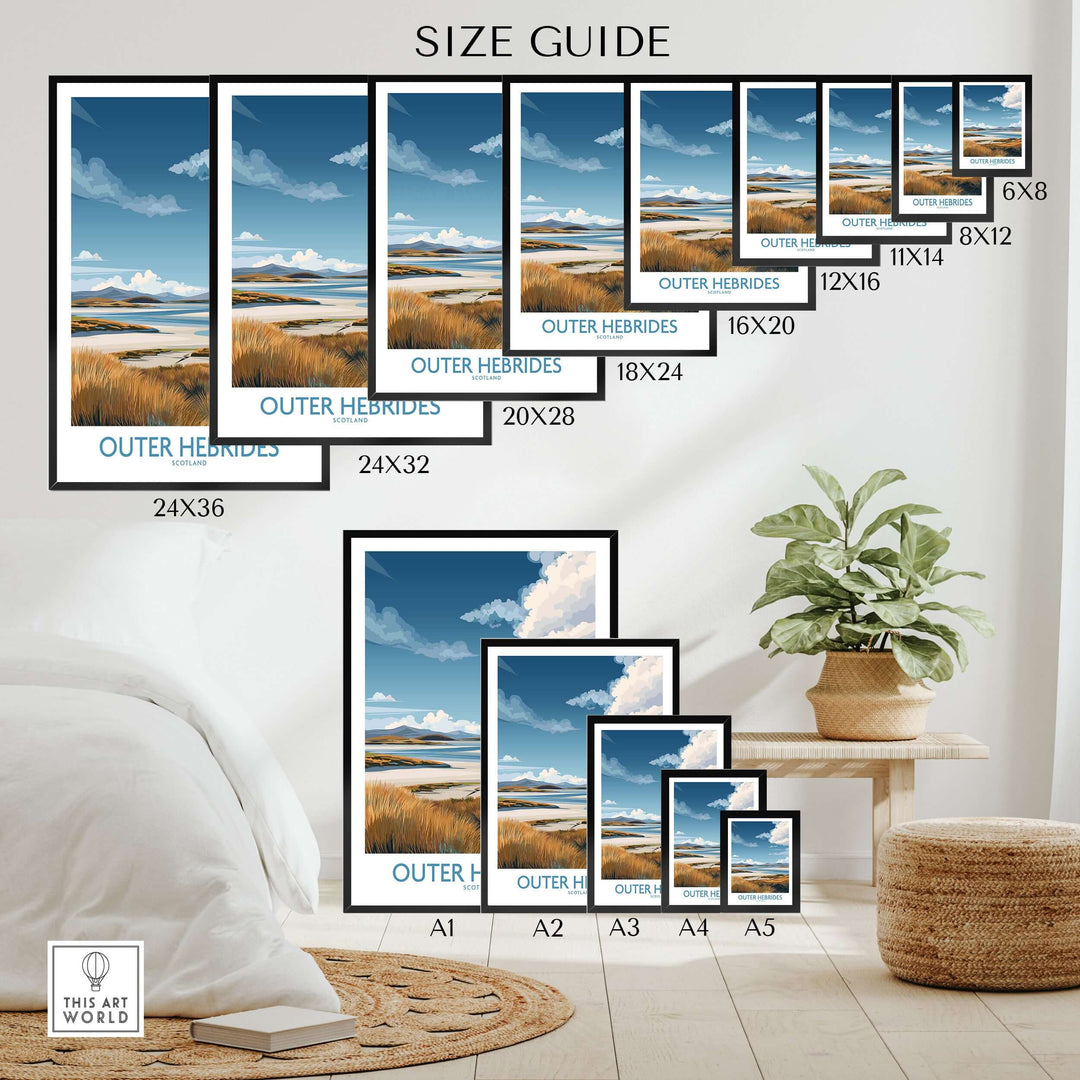 Size guide for Outer Hebrides landscape poster sizes displayed in a stylish interior setting.