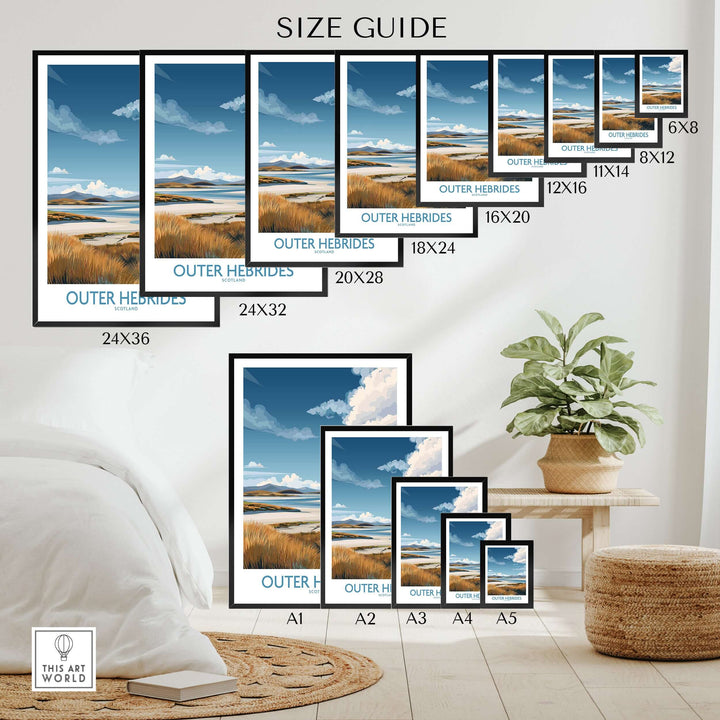 Size guide for Outer Hebrides landscape poster sizes displayed in a stylish interior setting.