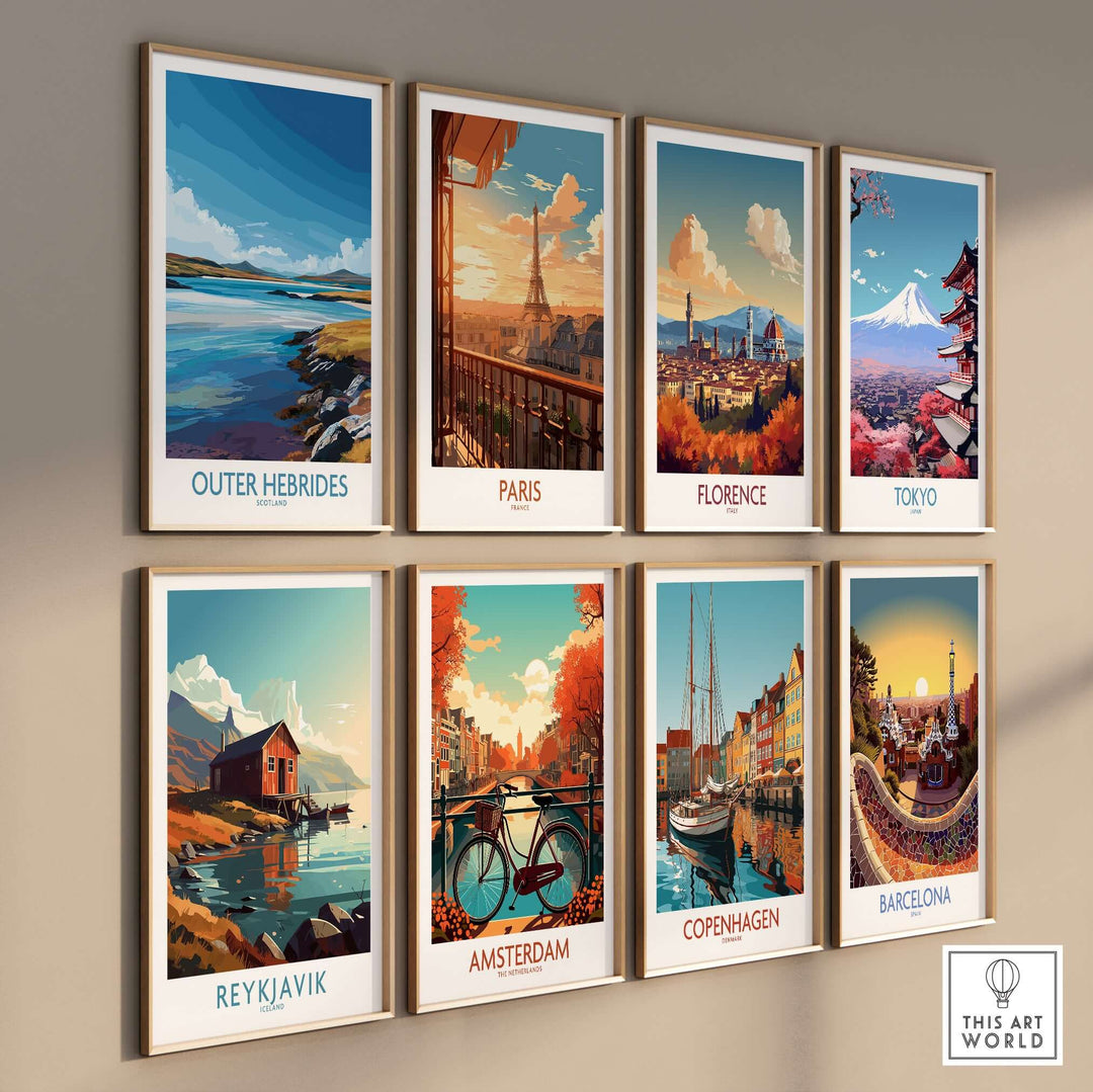 Collection of travel posters featuring Outer Hebrides, Paris, Florence, Tokyo, Reykjavik, Amsterdam, Copenhagen, and Barcelona.