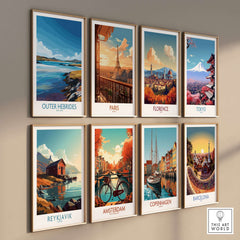 Outer Hebrides Poster - Scotland Travel Print - Rugged Landscape Wall Art displayed among various city travel prints.