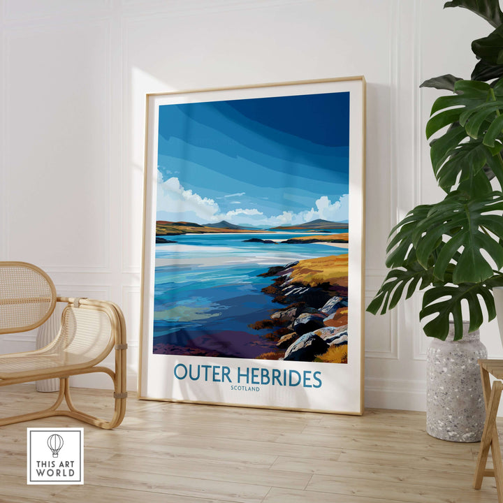 Outer Hebrides poster featuring a stunning landscape of Scotland's coastline, framed and displayed in a modern room.