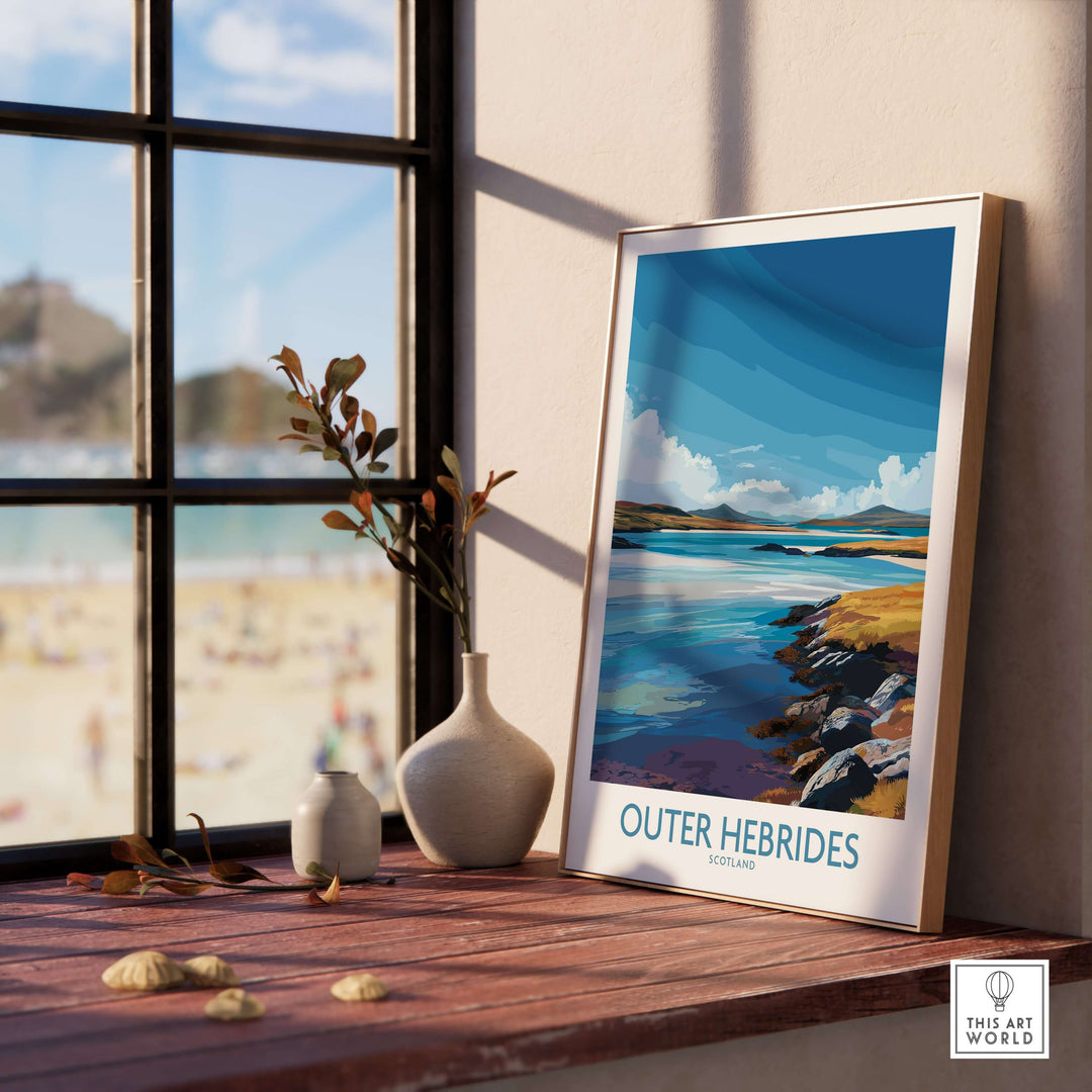 Outer Hebrides poster showcasing rugged Scottish landscape, displayed indoors with natural elements and beach view.