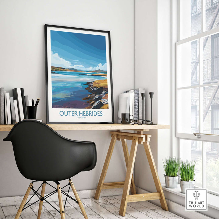 Outer Hebrides poster displayed in a modern workspace, showcasing Scotland's rugged coastal landscape wall art.