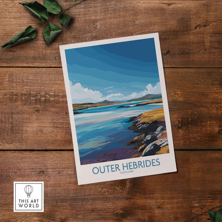 Outer Hebrides poster showcasing Scotland's rugged coastline and serene waters, perfect wall art for nature lovers.