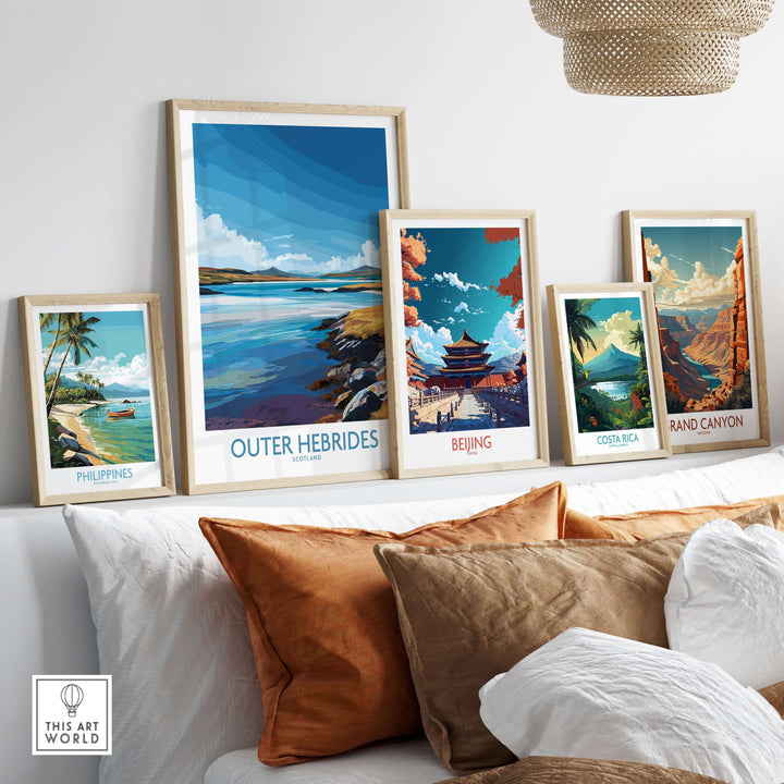 Display of various travel posters including Outer Hebrides, showcasing vibrant coastal landscapes and cultural landmarks.