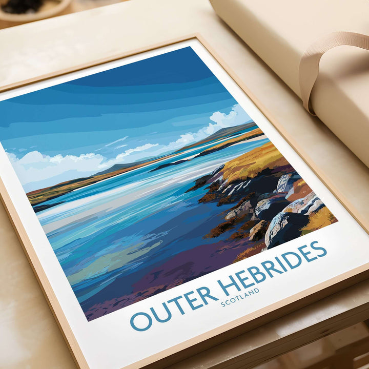 Outer Hebrides poster featuring a rugged coastline and vibrant colors, ideal as Scotland travel wall art.
