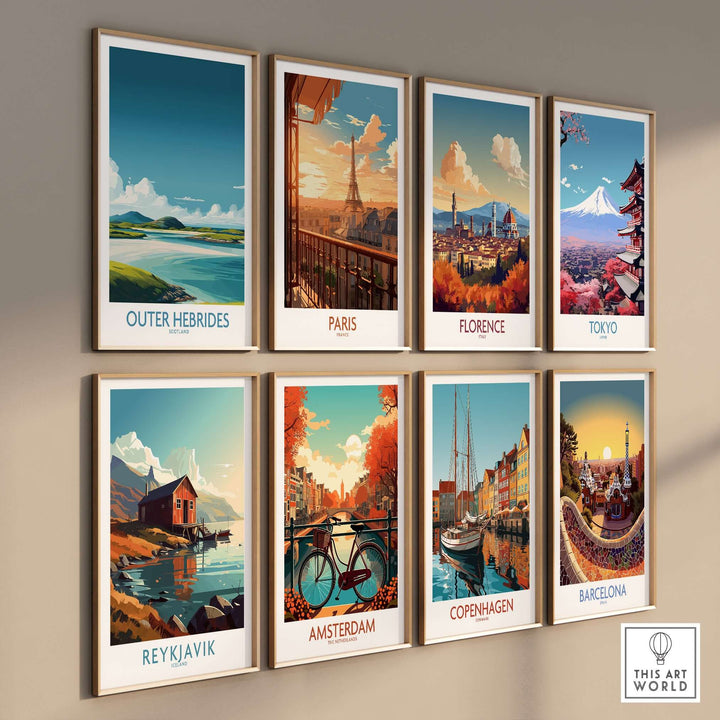 Collection of travel posters including Outer Hebrides, Paris, Amsterdam, and more, showcasing iconic world landscapes.