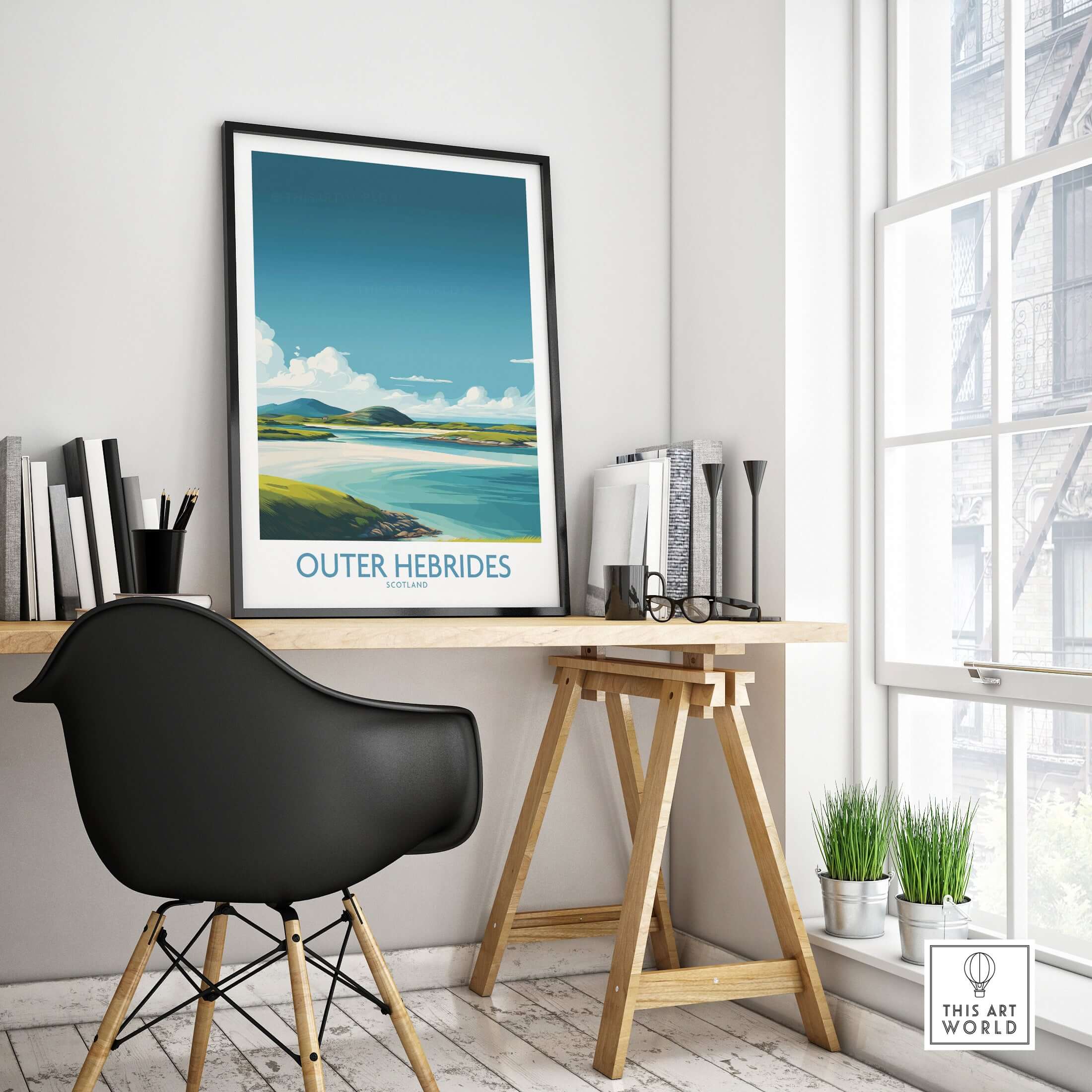 Outer Hebrides Poster - Scotland Travel Print - Scottish Islands Wall Decor displayed in a modern workspace.