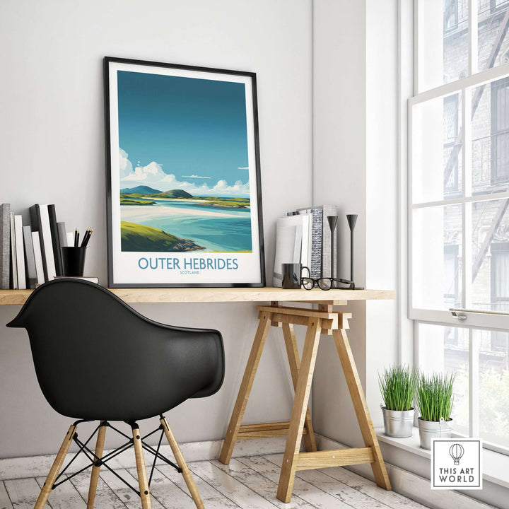 Outer Hebrides poster on a wall in a modern office setting, showcasing Scotland's beautiful landscapes.