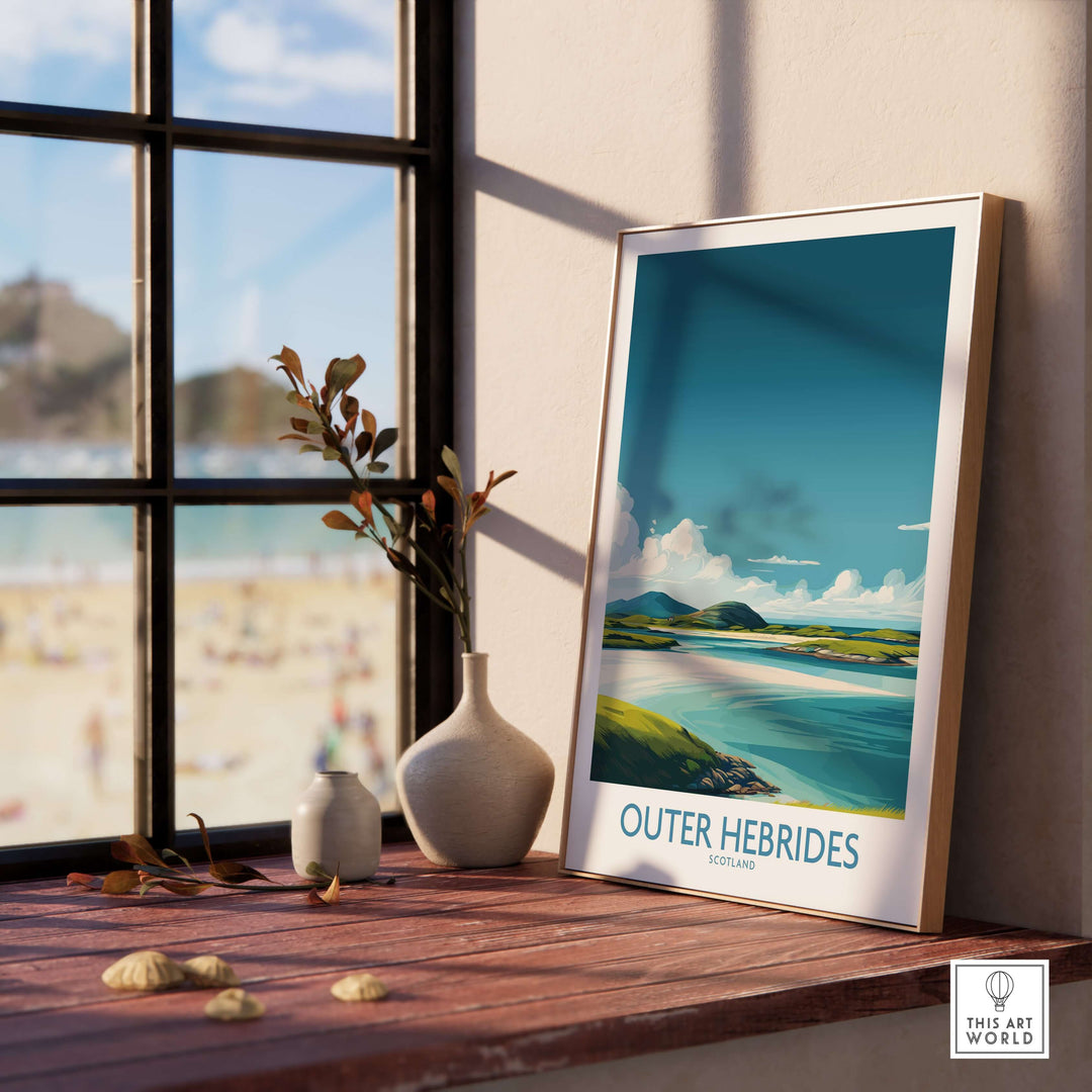 Outer Hebrides travel poster framed by a window, showcasing Scotland's coastal beauty and landscapes, perfect wall decor.