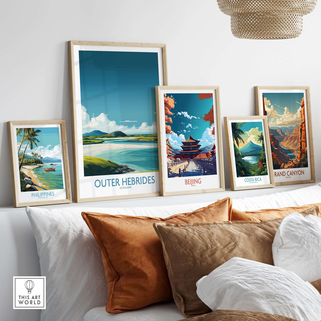 Framed Outer Hebrides travel poster among other scenic prints, showcasing Scotland's stunning landscapes.