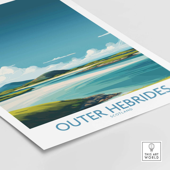 Outer Hebrides travel poster featuring scenic Scottish landscapes and vibrant blue skies.