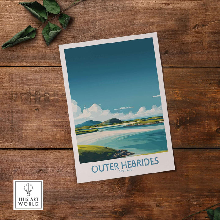 Outer Hebrides travel poster showcasing scenic Scottish islands and coastline, perfect wall decor for nature lovers.