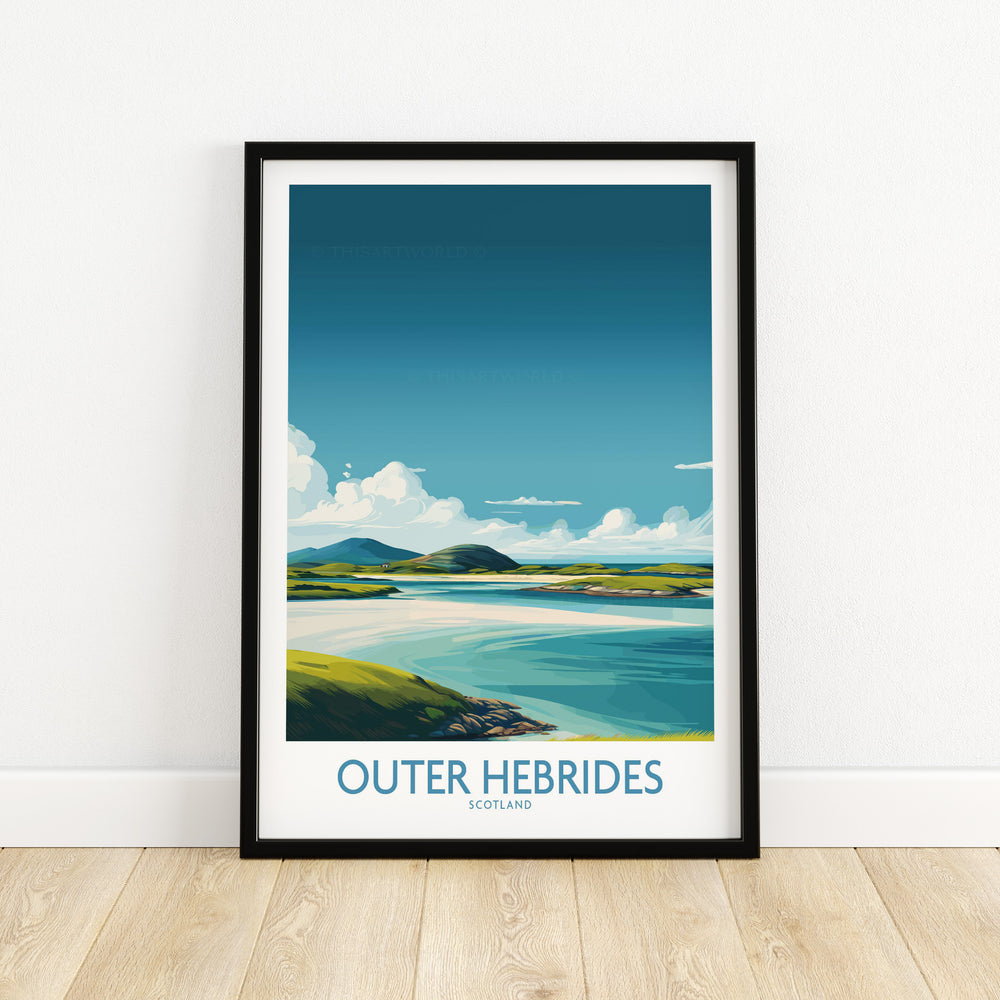 Outer Hebrides poster featuring scenic Scottish landscapes and vibrant blue skies, perfect for wall decor.