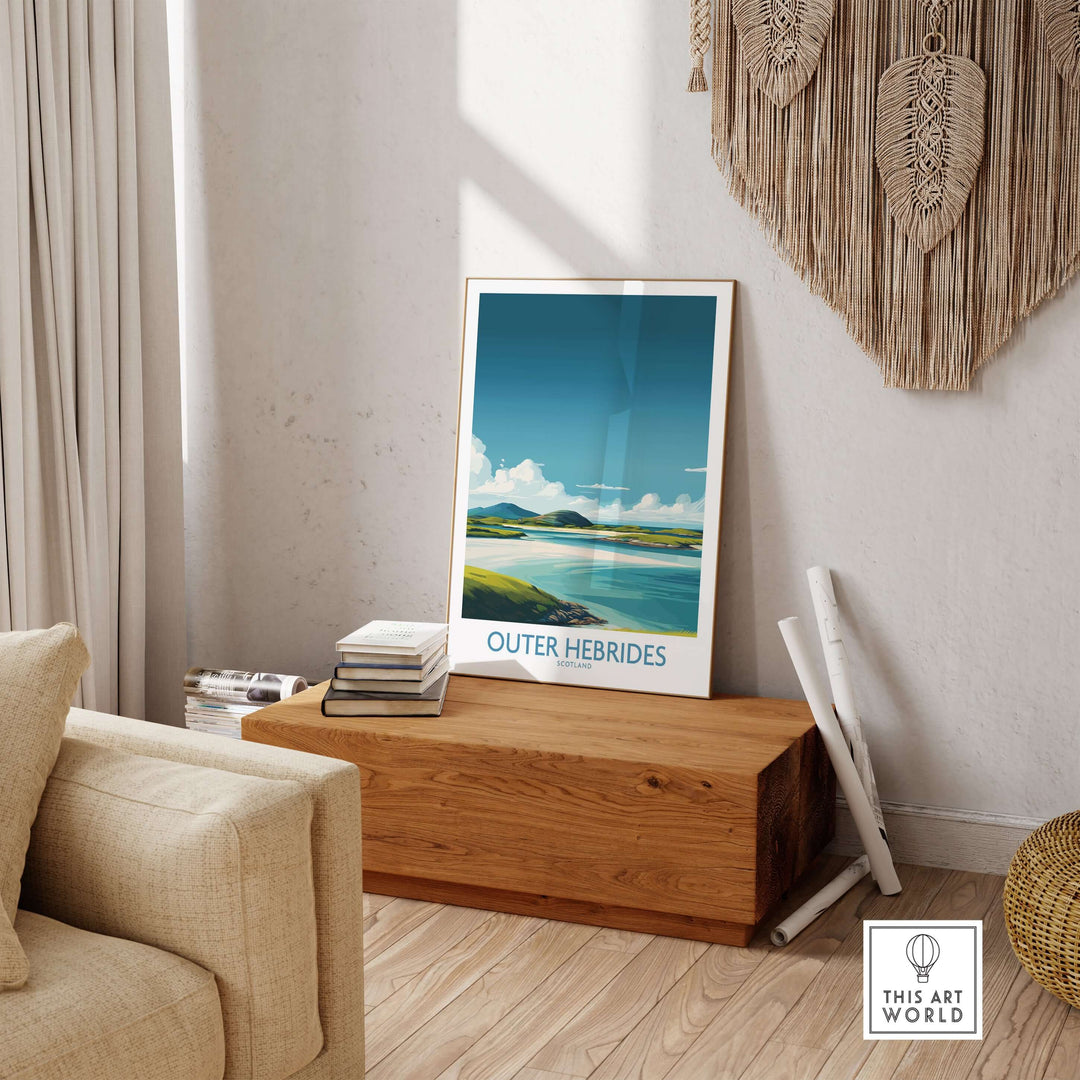 Outer Hebrides poster displayed in a modern living room, showcasing Scotland's scenic beauty and tranquil landscapes.