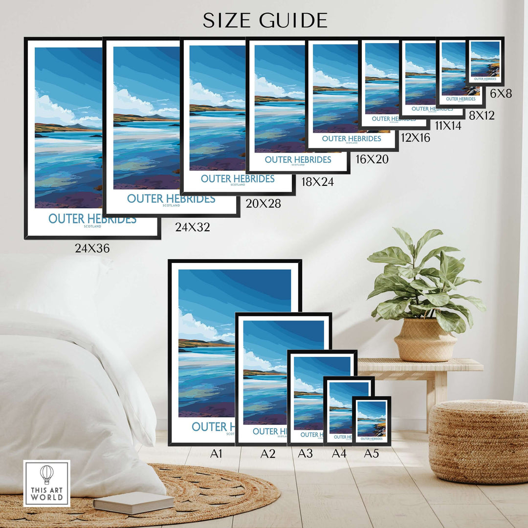 Size guide for Outer Hebrides poster showing various dimensions and placement options in a stylish setting.