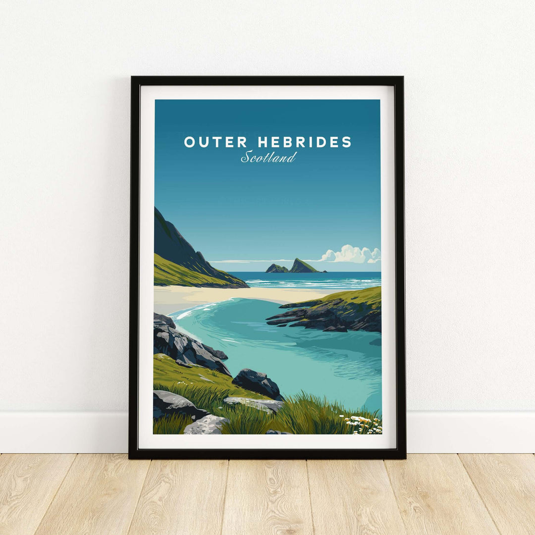 Outer Hebrides art print showcasing a Scottish beach scene with turquoise waters and lush greenery.
