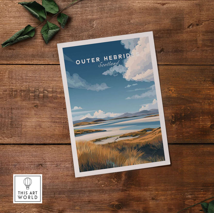 Outer Hebrides Scotland travel print featuring grassy dunes and seascape on textured wood background.