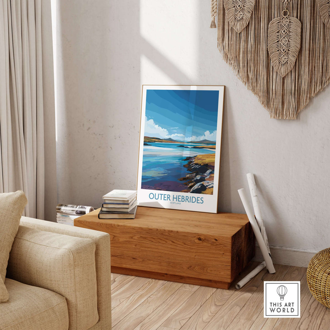 Outer Hebrides travel poster showcasing rugged Scottish landscape in cozy interior setting.