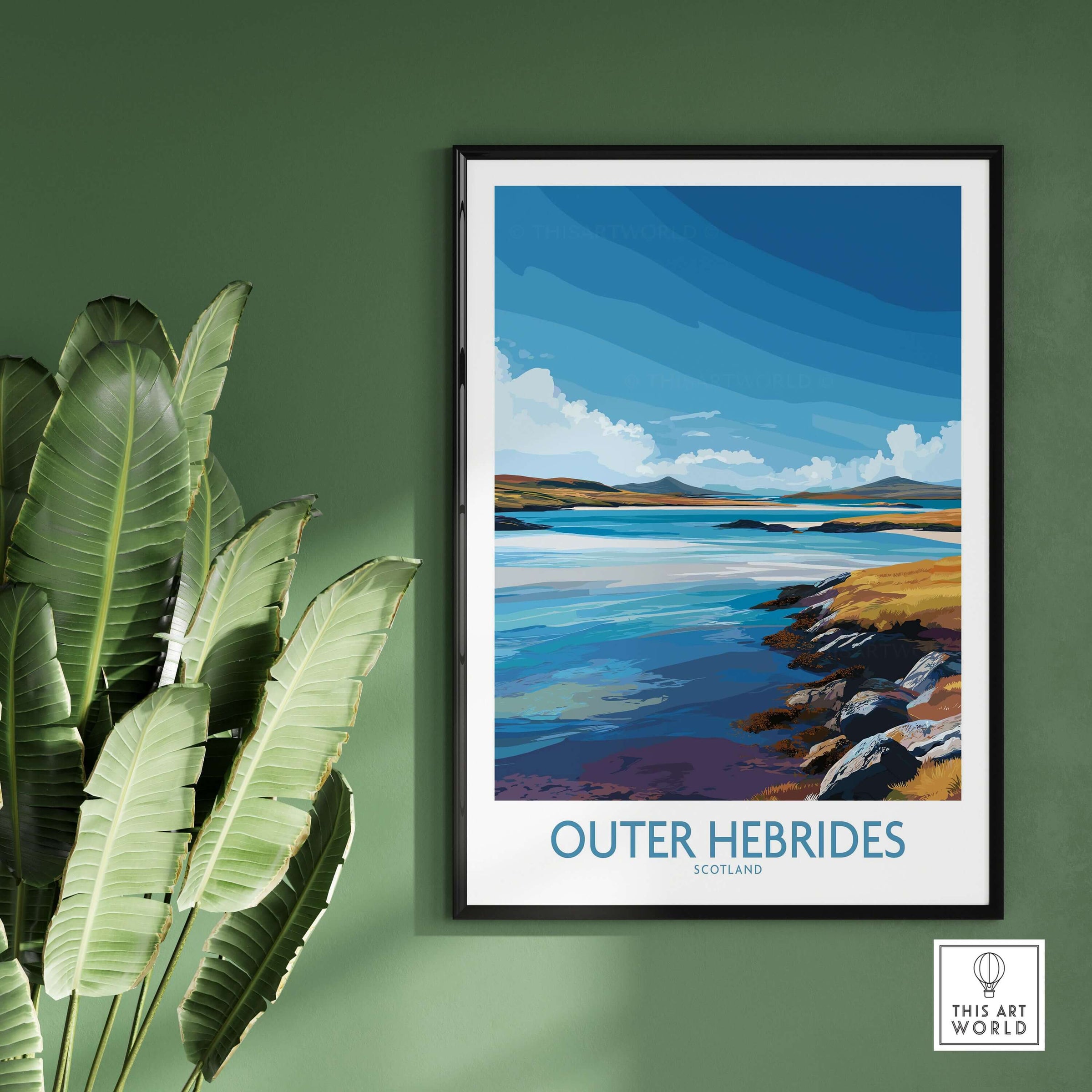 Outer Hebrides Poster - Scotland Travel Print - Rugged Landscape Wall Art displayed against green wall with plants.