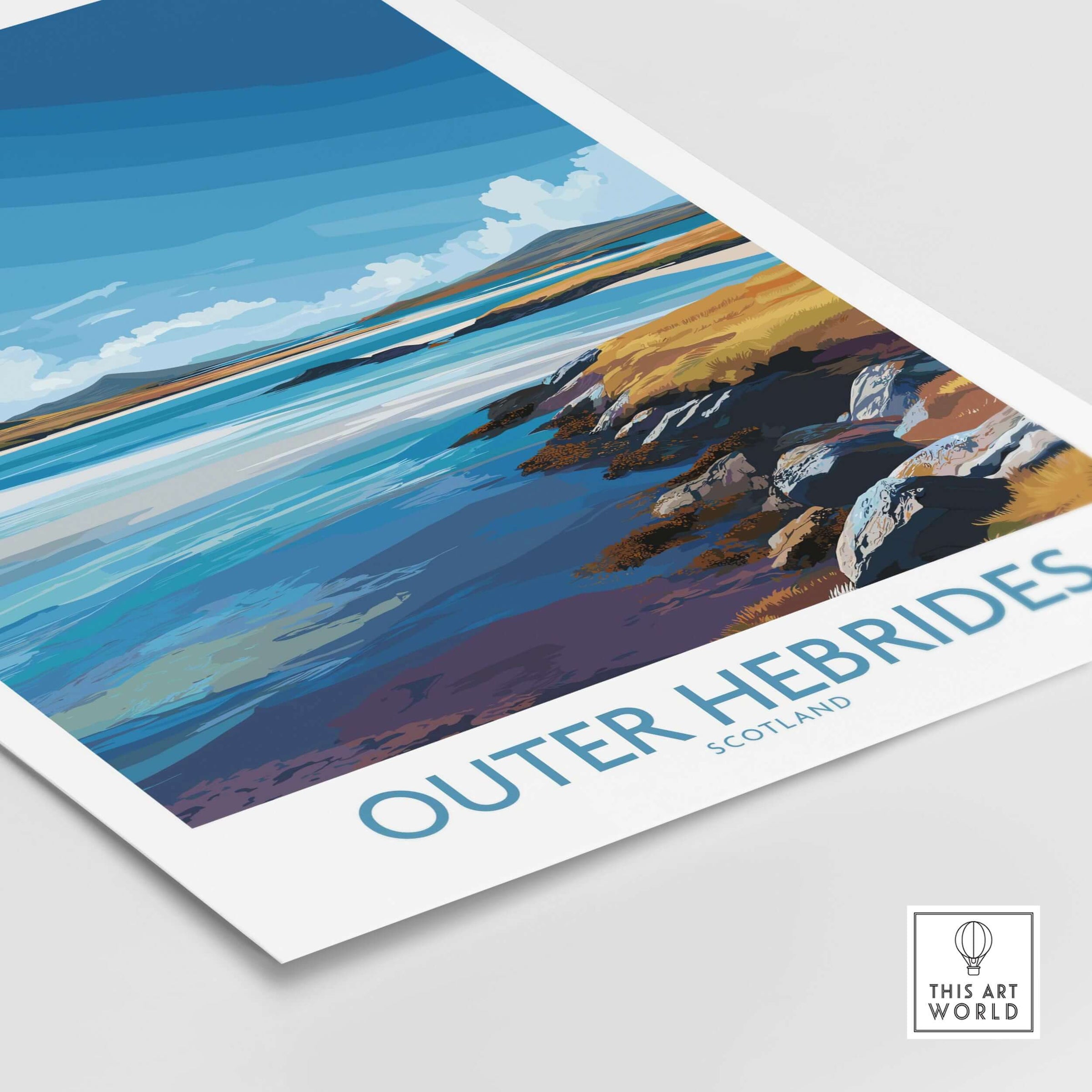 Outer Hebrides Poster - Scotland Travel Print - Rugged Landscape Wall Art showcasing a colorful coastal scene.