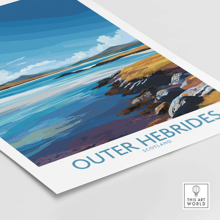 Outer Hebrides poster featuring rugged Scottish landscape, coastal waters, and vibrant colors, perfect for wall art decor.