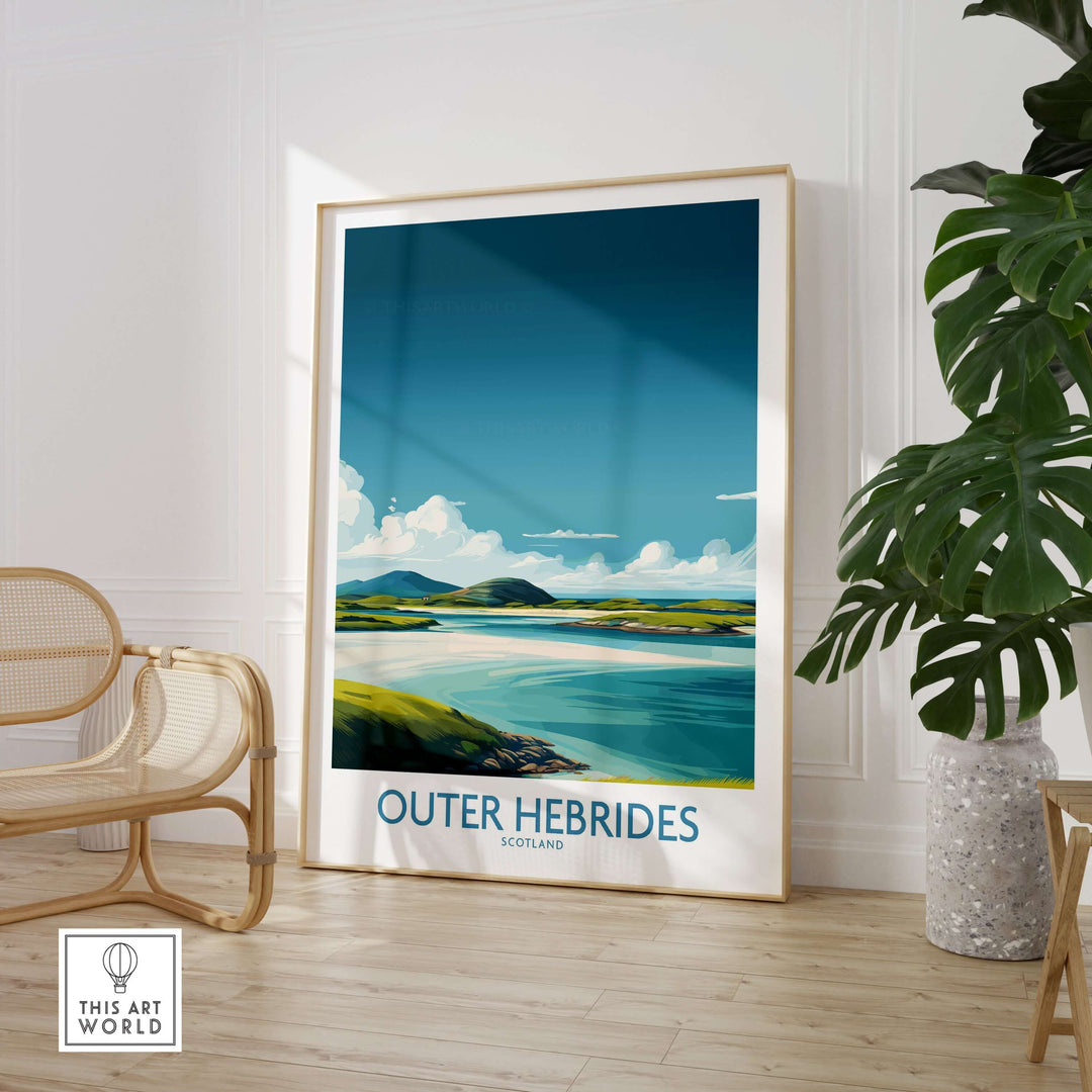 Outer Hebrides poster showcasing Scotland's beautiful landscape in a modern living room decor setting.