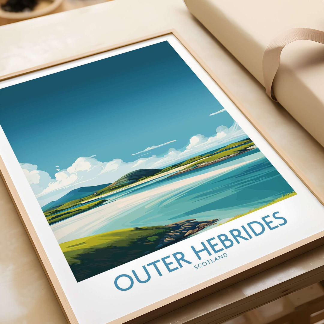 Outer Hebrides poster featuring scenic Scottish landscape and vibrant blue skies, ideal for wall decor.