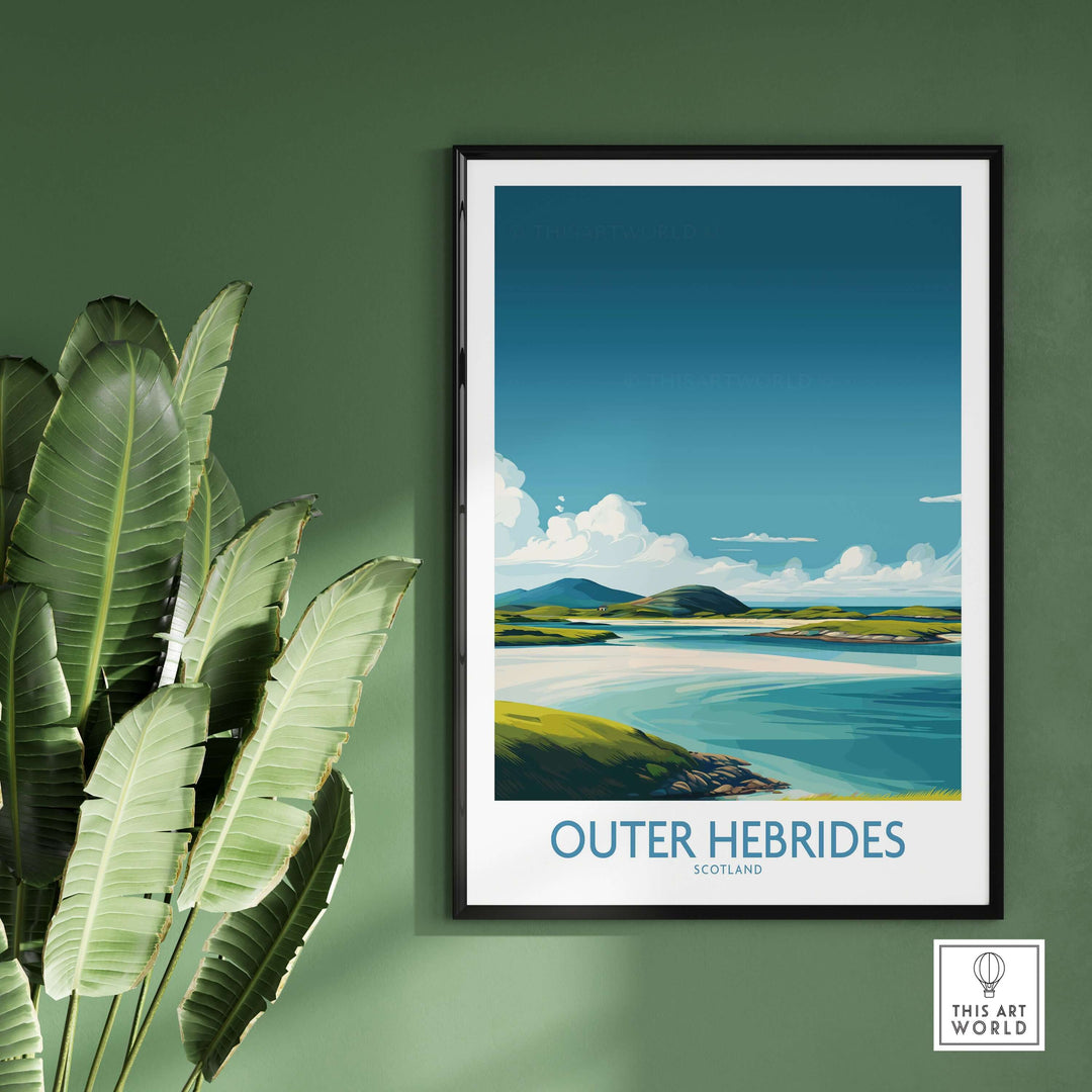 Outer Hebrides poster showcasing the scenic beauty of Scotland's islands in framed wall decor.
