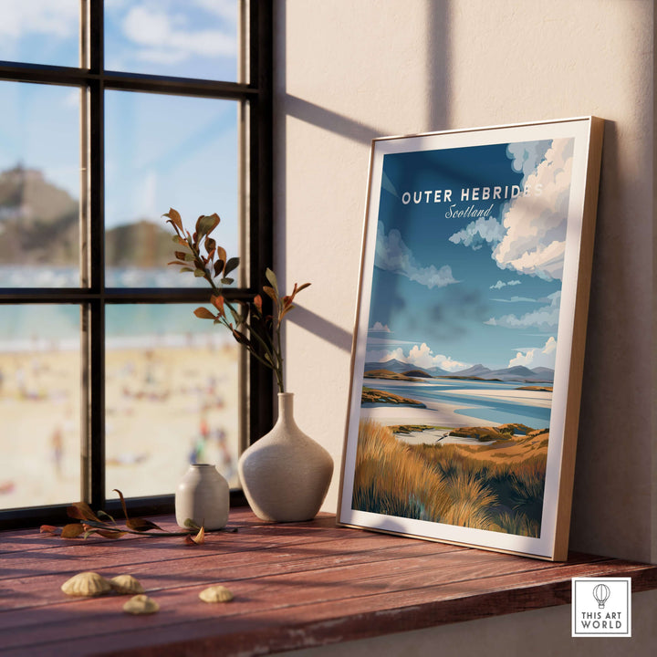 Outer Hebrides travel print featuring grassy dunes and tranquil seascape, framed by a window on a sunny day.