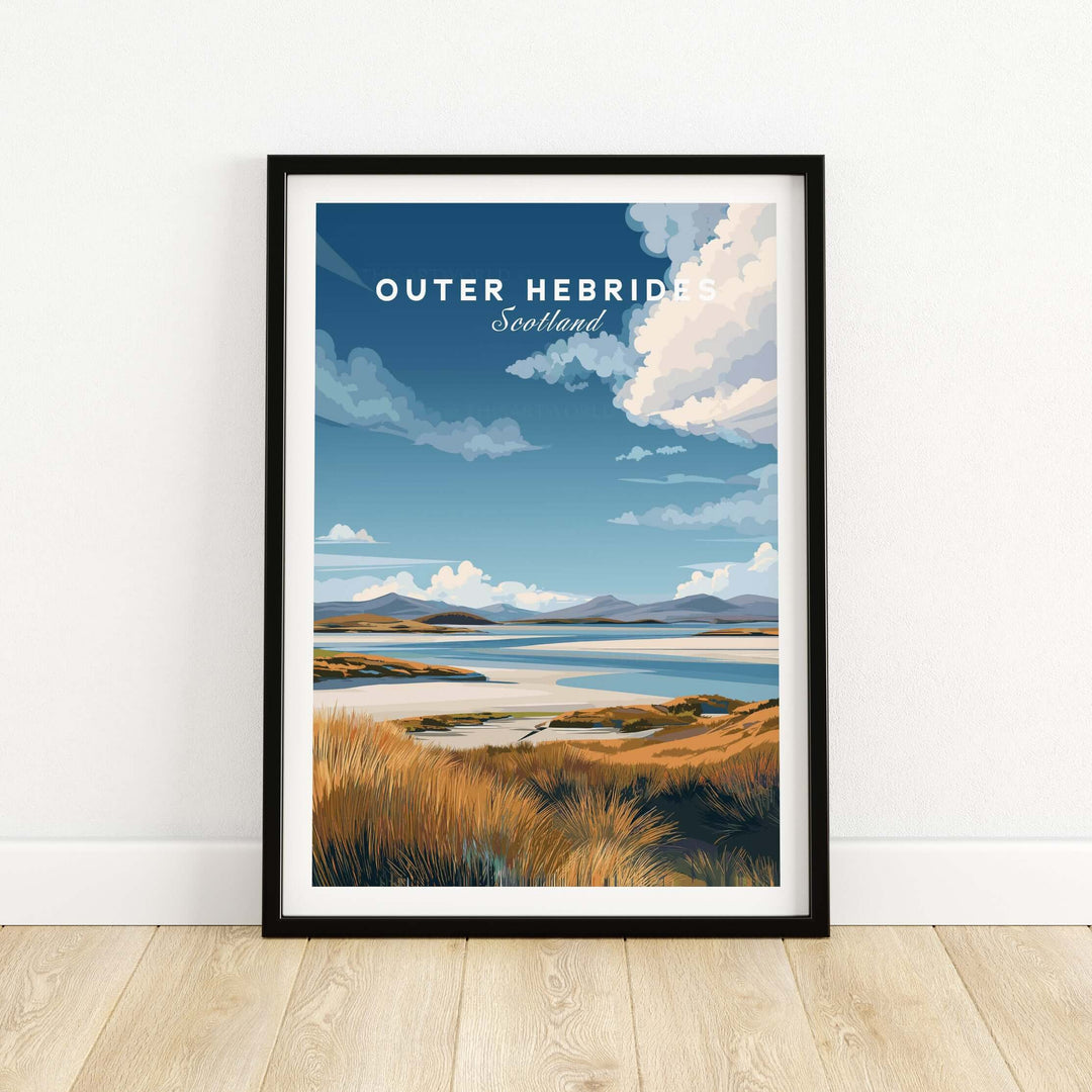 Outer Hebrides travel print featuring grassy dunes and serene seascape, perfect for home decor.