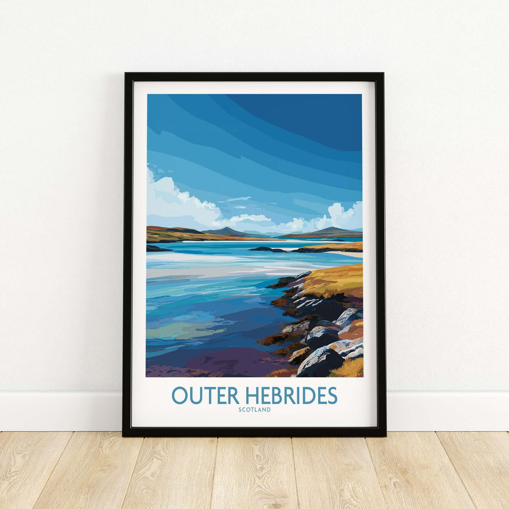 Outer Hebrides poster showcasing Scotland's stunning rugged landscape and coastline in vibrant colors.